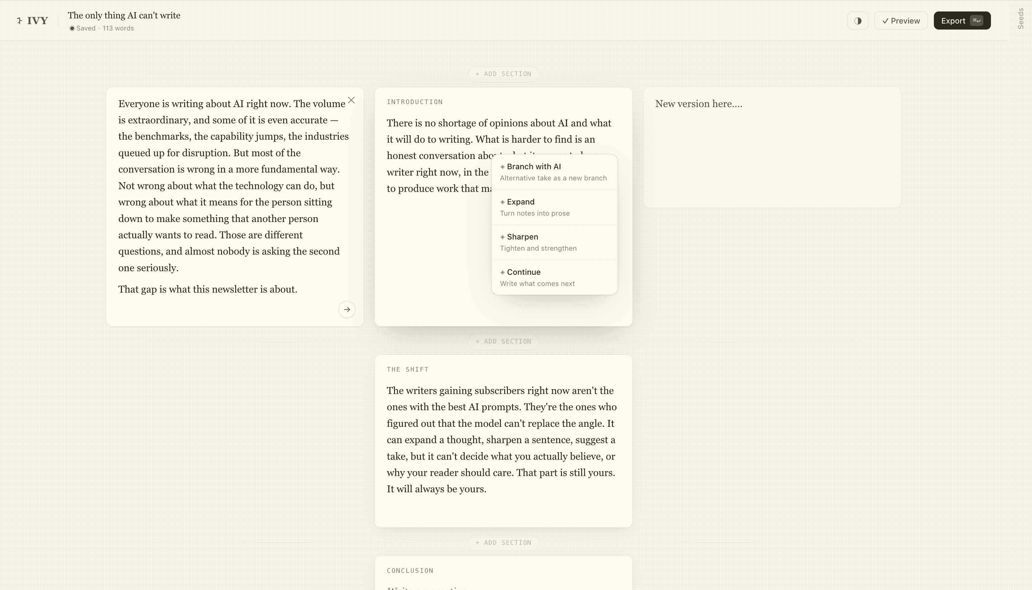 IVY editor with branched sections and AI menu
